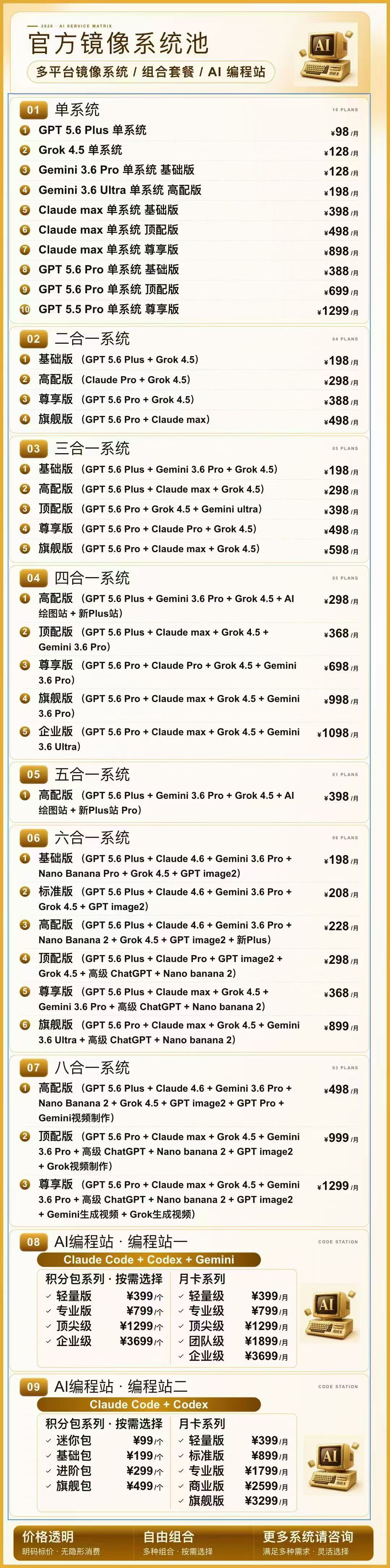 镜像系统产品价目图